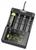 A black battery charger with a single battery inserted, displaying information on its screen. Anteprima dell’immagine prodotto