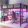 A loft bed with a desk and gaming chair underneath, illuminated by pink LED lights. Anteprima dell’immagine prodotto