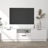 A white TV stand with a television mounted on the wall above it. Náhľad obrázku produktu