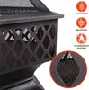 Close-up of a fire pit with decorative cutouts and mesh, with inset icons and text highlighting features. Anteprima dell’immagine prodotto