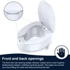 A white toilet seat riser with a lid, shown from a slightly elevated angle. A magnified inset highlights the smooth edge of the seat. Text describes features like front and back openings, hygiene, and antibacterial material. A small icon of a hand with spa Anteprima dell’immagine prodotto