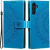 A blue flip case for a Samsung Galaxy A54 5G phone, featuring a mandala pattern, is shown open and closed. Produktbild-Vorschau