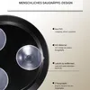 Close-up of a black round tray with three clear suction cups attached to it, with German text describing the features of the suction cups. Produktbild-Vorschau
