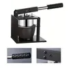 A black and silver manual fruit juicer is shown against a white background. Close-up shots of the handle and the base are also provided. Produktbild-Vorschau