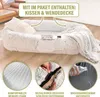 A fluffy pet bed with a pillow and blanket, shown with close-up feature callouts. Produktbild-Vorschau
