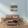 A bedroom scene with a bed, nightstands, and wall art. Produktbild-Vorschau
