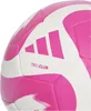 A close-up view of a pink and white soccer ball. Produktbild-Vorschau