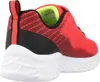 A close-up, rear-facing view of a red, black, and yellow Skechers sneaker for children. Voir les images du produit