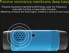 A close-up of a blue speaker with sound waves emanating from it, against a black background. Text describes its features. Produktbild-Vorschau