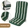 A green and white striped high-back chair cushion is shown, with close-up insets highlighting attachment straps and ties. Produktbild-Vorschau