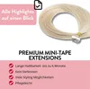 A bundle of blonde hair extensions with tape attachments, presented with marketing text highlighting features. Produktbild-Vorschau