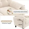 A close-up of a beige sofa with text overlays highlighting features and a person sleeping on it. Náhľad obrázku produktu