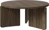 A round wooden coffee table with a walnut finish and a unique base. Voir les images du produit