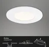 A white LED recessed light fixture is shown against a gray background. Below the fixture are diagrams illustrating installation steps and components. Produktbild-Vorschau