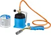 A gas torch set with a gas canister, a gas tank, and a torch head, laid out on a white background. Voir les images du produit