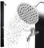 A black solar shower with a shower head and a faucet, with water spraying from the shower head and faucet.