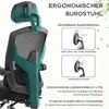 Close-up of an ergonomic office chair with highlighted features and descriptive text. Voir les images du produit