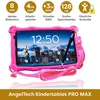 A pink children's tablet with a stylus and strap, displayed with feature callouts. Produktbild-Vorschau