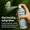 A hand holding a can of 'Schnee Spray' (Snow Spray) is spraying a pine branch, creating a snowy effect. Produktbild-Vorschau