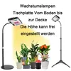Two grow lights are shown, one on the left with a flexible neck and one on the right with a tripod stand. Several potted plants are arranged in front of a yellow gradient background. Produktbild-Vorschau