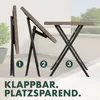 A folding garden table shown in three stages of folding on a balcony. Produktbild-Vorschau
