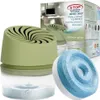 A product shot of a green dehumidifier with a blue absorbent disc and its packaging. Voir les images du produit