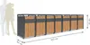 A long row of trash bins with wooden fronts and gray metal frames, shown with two human silhouettes for scale. Produktbild-Vorschau