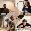 Collage showing a floor lamp used in various settings and activities. Produktbild-Vorschau