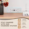 A close-up view of a white charging station with two AC outlets and two USB ports, integrated into a wall. The charging station is on a wooden surface, next to a vase of flowers and a stack of books. Text and icons describing the charging station's feature Produktbild-Vorschau