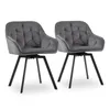 Two gray velvet swivel chairs with black metal legs are shown against a white background.