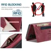Collage of images showing a red phone case with RFID blocking features and card slots. Produktbild-Vorschau