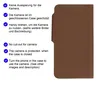A brown leather-look phone case with text describing its features. Produktbild-Vorschau