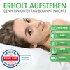 A woman is lying on a pillow, with marketing text and icons on the right side of the image. Produktbild-Vorschau