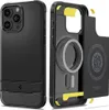 A black iPhone case is shown from the front and disassembled to reveal its internal structure, including a magnetic ring and yellow protective elements. Náhľad obrázku produktu