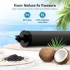 A product shot of a black water filter cartridge with coconuts and activated carbon shown, set against a beach background. Náhled obrázku produktu
