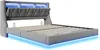 A modern gray upholstered bed frame with a tufted headboard and built-in LED lighting. The bed frame is elevated, creating a floating effect, and illuminated with blue LED lights underneath and within the headboard. Náhled obrázku produktu
