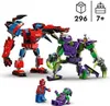 Two LEGO mechs, one red and blue, the other green and purple, with two LEGO minifigures in the foreground. Produktbild-Vorschau
