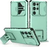 Multiple views of a turquoise smartphone case with a sliding camera cover and kickstand. Produktbild-Vorschau