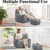 A collage showing a bean bag chair in two different configurations: reclined with an ottoman, and upright with a laptop and an ottoman used as an end table. Náhľad obrázku produktu