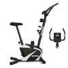 A black and white stationary exercise bike with a water bottle holder and a separate display unit shown to the right. Produktbild-Vorschau