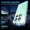 A clear phone case is shown on a dark, rocky surface, with text highlighting its protective features. Produktbild-Vorschau