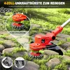 A red electric weed brush trimmer is shown on a paved surface with grass growing between the stones. Produktbild-Vorschau
