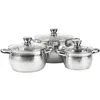 A set of three stainless steel pots with glass lids, arranged on a white background. Produktbild-Vorschau