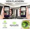 A split image showing a living room with two smartphones displaying a ceiling light. The bottom part shows icons and text related to product features and an eye graphic. Produktbild-Vorschau