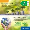 The image is a collage featuring two distinct sections. The top section shows a progression of trees growing from stacks of coins, symbolizing growth and savings, with an energy efficiency label in the top right corner. The bottom section depicts hands hol Produktbild-Vorschau