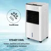 A white air cooler is shown against a background of blue sky and water. Produktbild-Vorschau