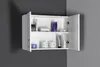 A white bathroom cabinet with its door open, displaying various toiletries on its shelves. Náhled obrázku produktu