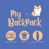 A marketing image for a backpack, featuring a cartoon corgi and icons describing its features. Produktbild-Vorschau