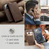 Collage of images showcasing a brown flip phone case with card slots, a person using a phone with a case, and a close-up of the case's interior. Produktbild-Vorschau