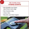 A finger pressing a start button on a lawnmower console, with text describing the benefits of a hybrid start system. Produktbild-Vorschau